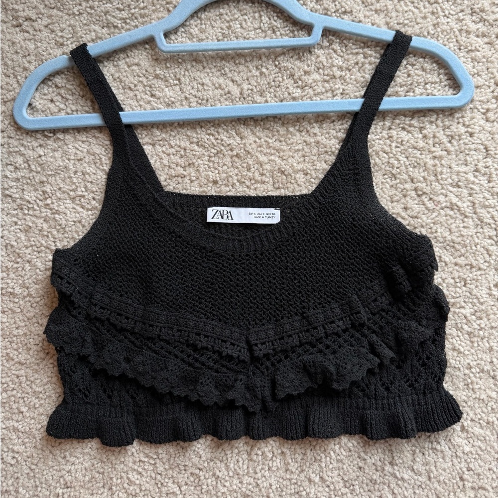 Zara Black Crochet Ruffle Crop Camisole